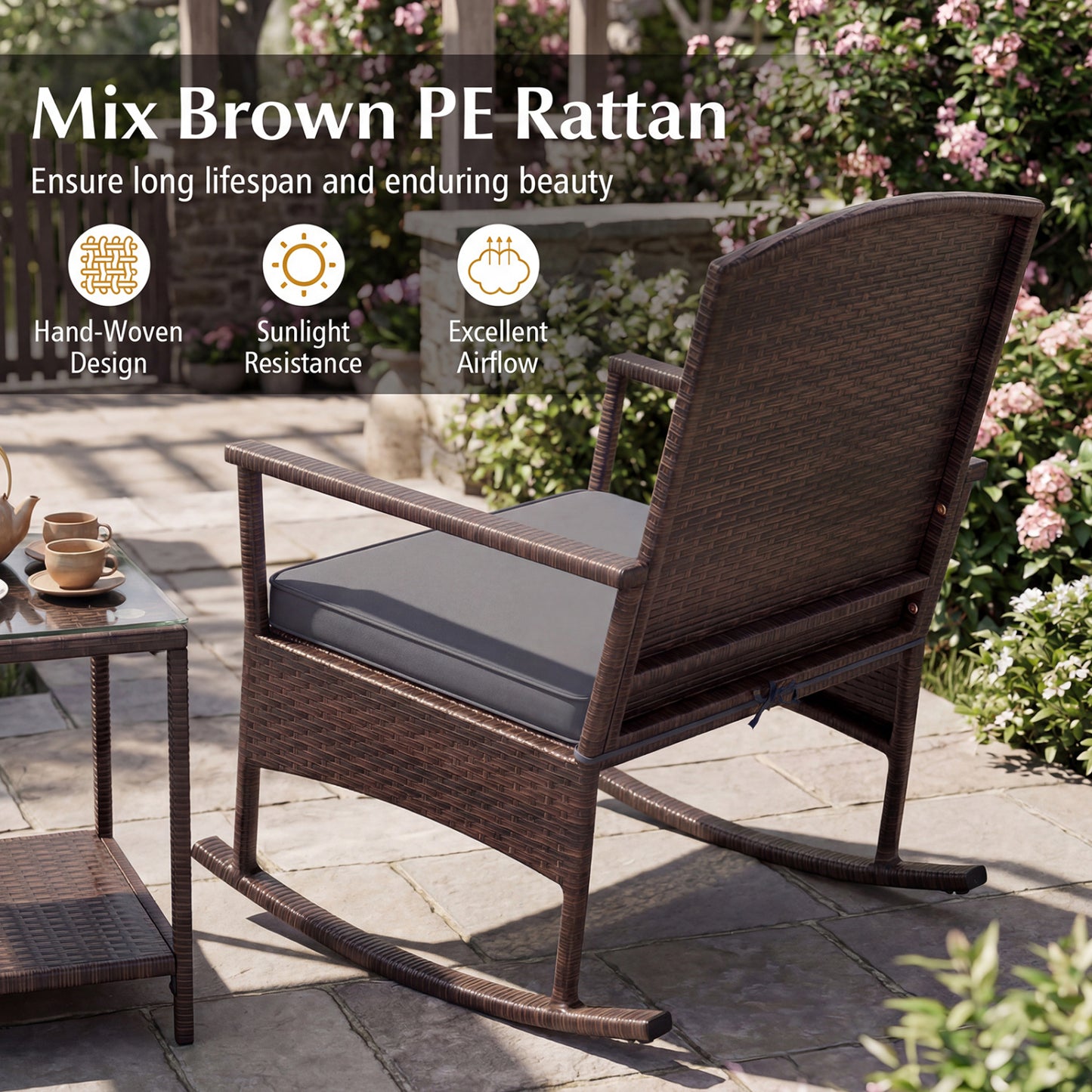 3 Piece Patio Rocking Set, Wicker Chairs, 2-Tier Coffee Table, Gray Patio Conversation Sets at Gallery Canada