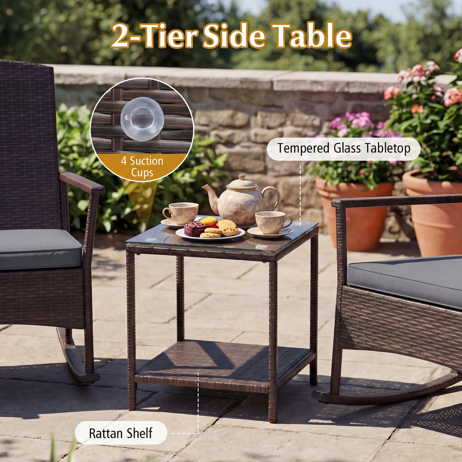 3 Piece Patio Rocking Set, Wicker Chairs, 2-Tier Coffee Table, Gray Patio Conversation Sets at Gallery Canada