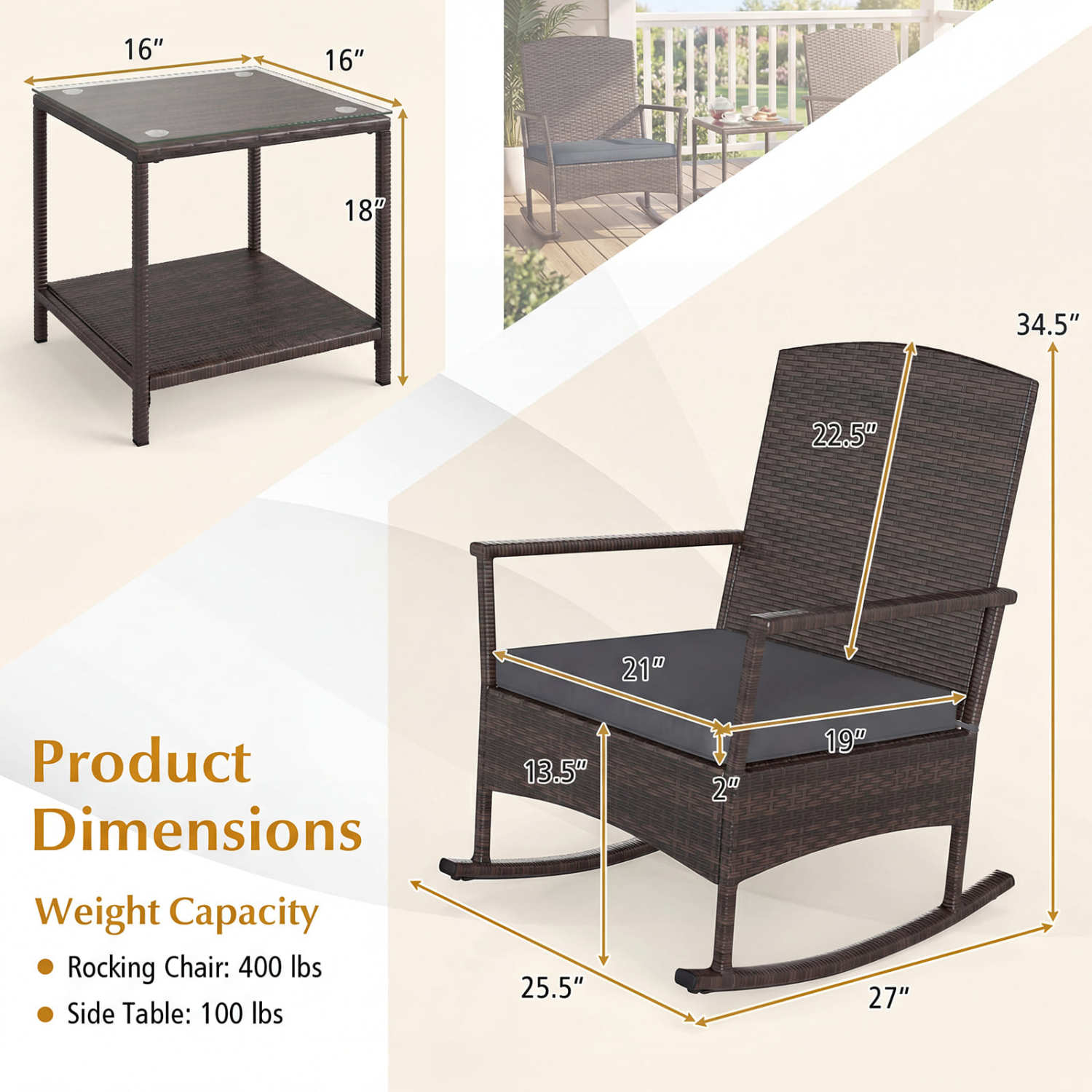 3 Piece Patio Rocking Set, Wicker Chairs, 2-Tier Coffee Table, Gray Patio Conversation Sets at Gallery Canada