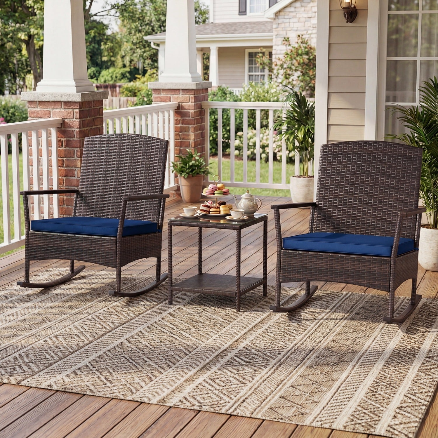 Wicker 3-Piece Patio Rocking Set with Coffee Table, Navy Patio Conversation Sets at Gallery Canada