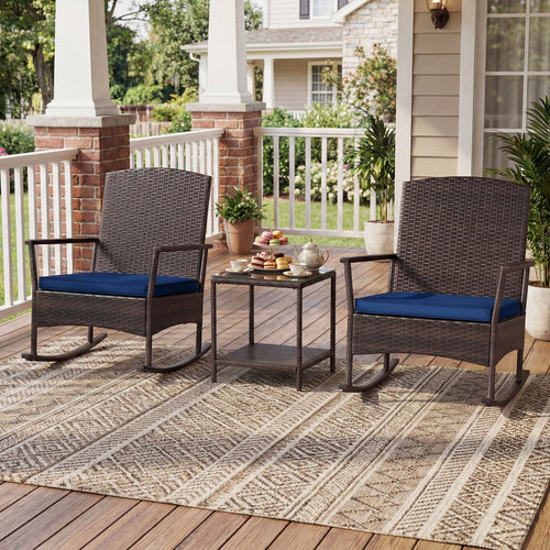 Wicker 3-Piece Patio Rocking Set with Coffee Table, Navy