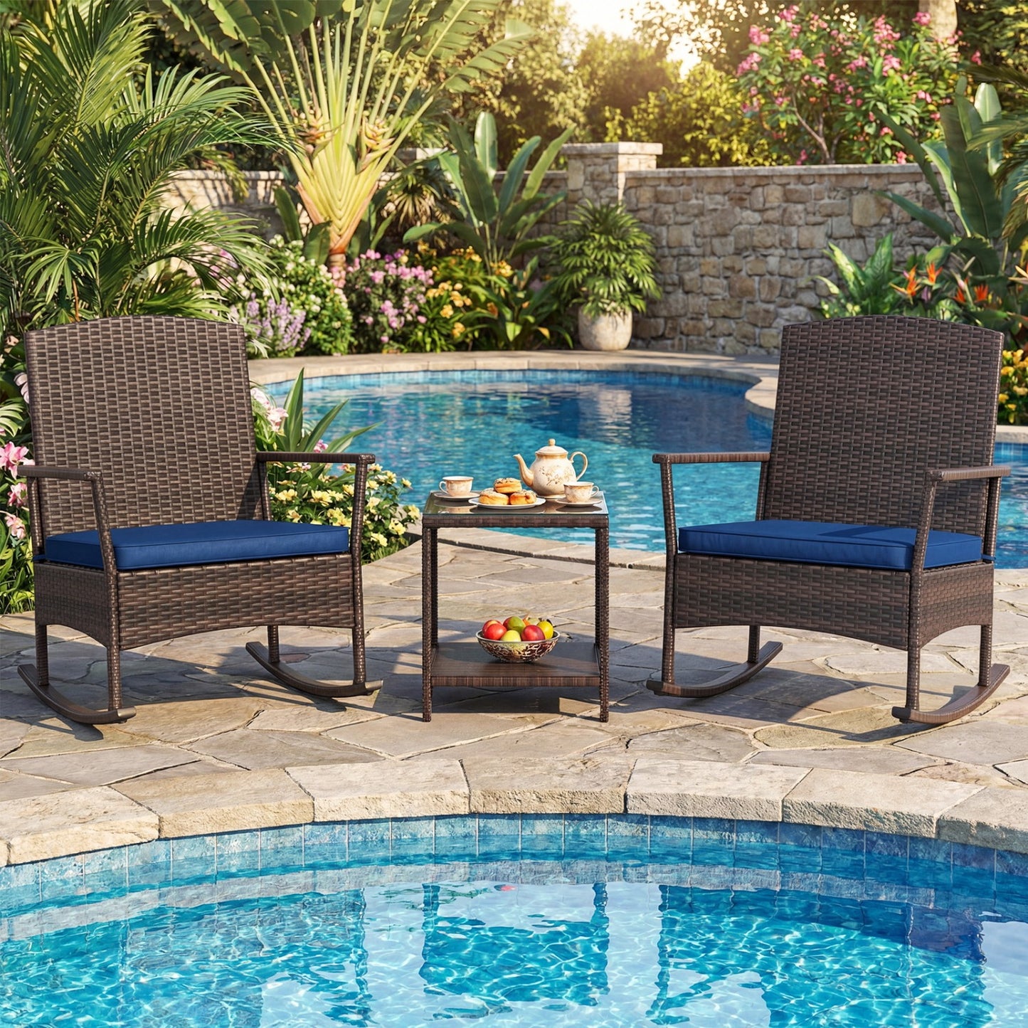 Wicker 3-Piece Patio Rocking Set with Coffee Table, Navy Patio Conversation Sets at Gallery Canada