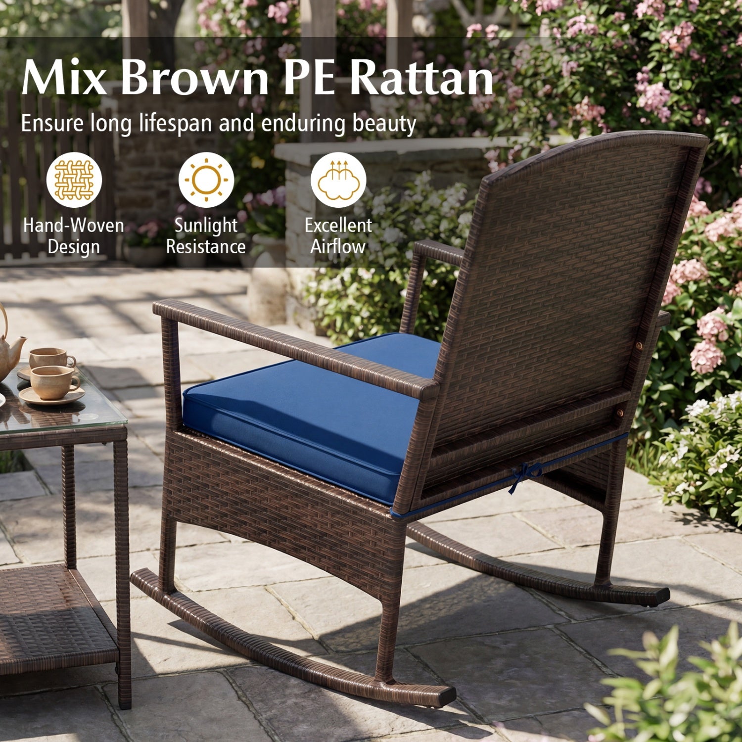 Wicker 3-Piece Patio Rocking Set with Coffee Table, Navy Patio Conversation Sets at Gallery Canada