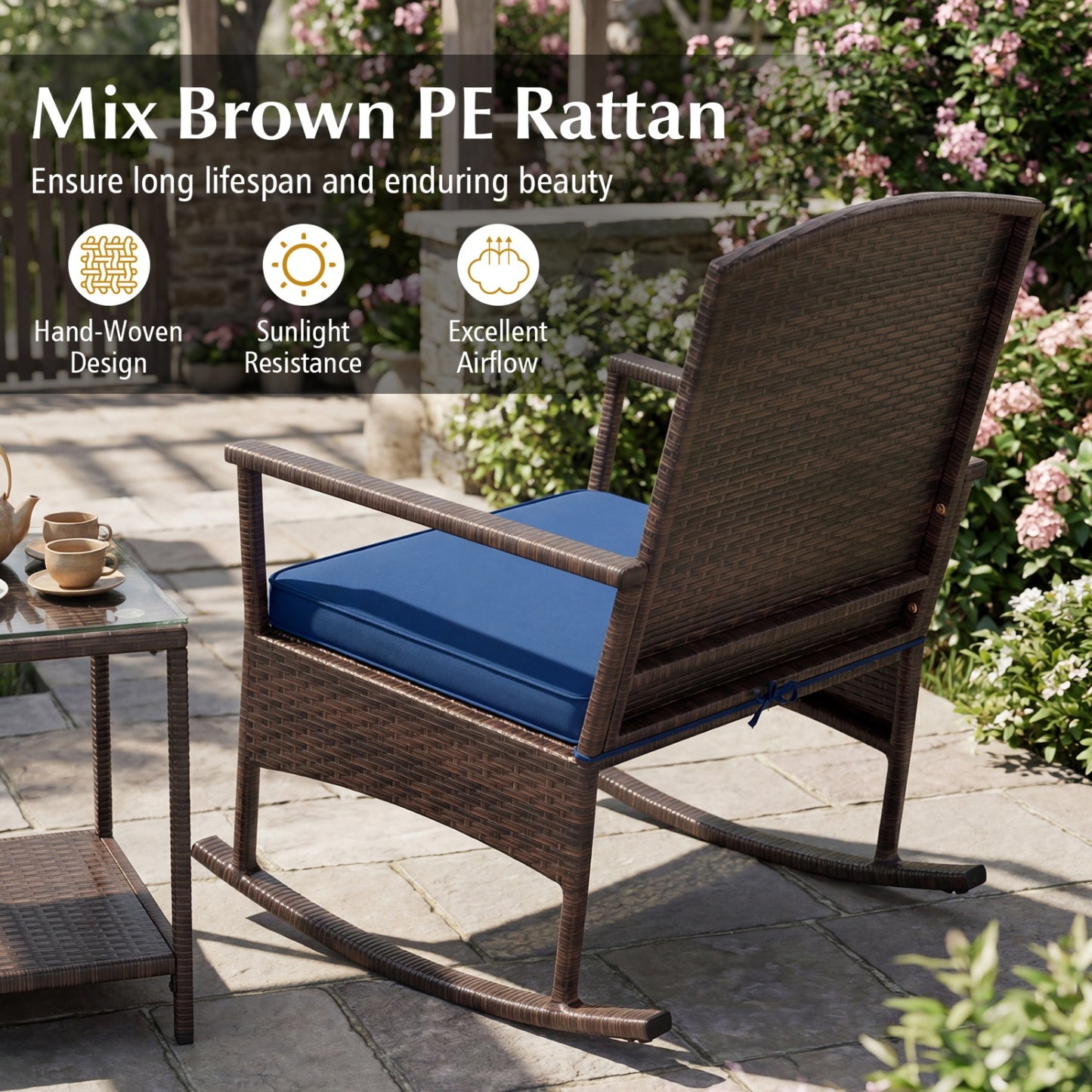 Wicker 3-Piece Patio Rocking Set with Coffee Table, Navy Patio Conversation Sets at Gallery Canada