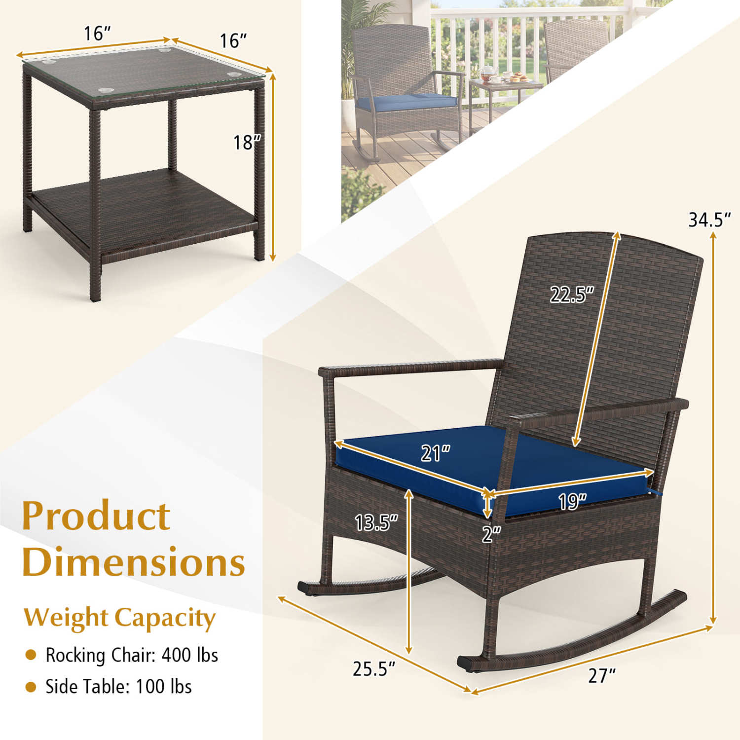 Wicker 3-Piece Patio Rocking Set with Coffee Table, Navy Patio Conversation Sets at Gallery Canada