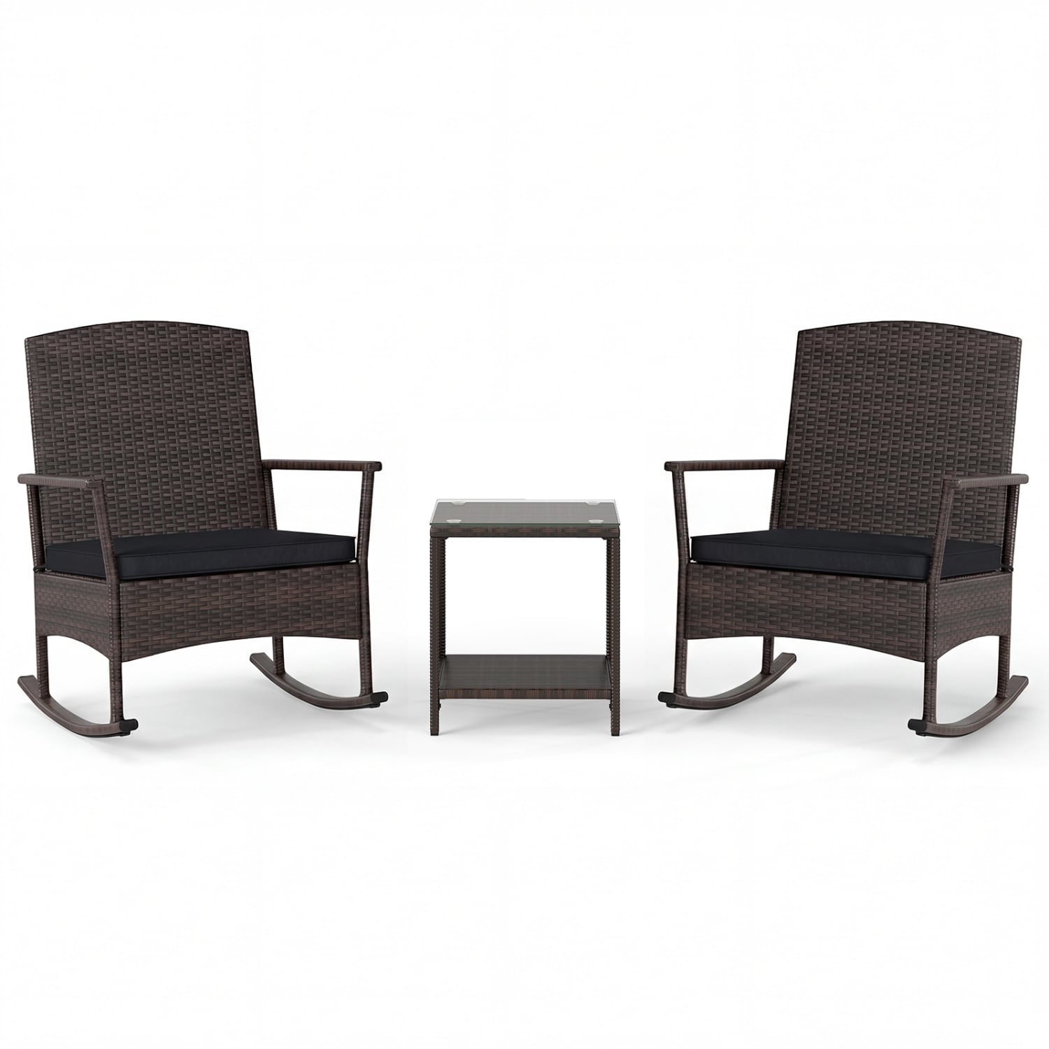 3 Piece Patio Rocking Set, Wicker Rocking Chairs, 2-Tier Coffee Table, Black Patio Conversation Sets Black at Gallery Canada