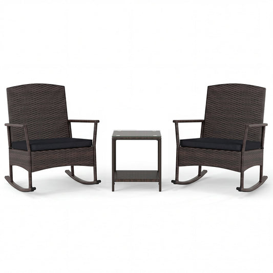 3 Piece Patio Rocking Set, Wicker Rocking Chairs, 2-Tier Coffee Table, Black Patio Conversation Sets Black at Gallery Canada