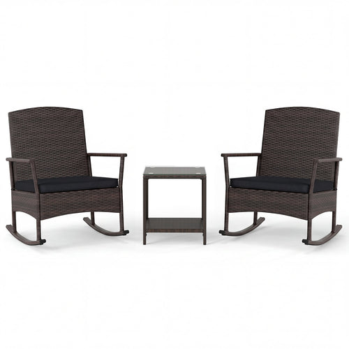 3 Piece Patio Rocking Set, Wicker Rocking Chairs, 2-Tier Coffee Table, Black