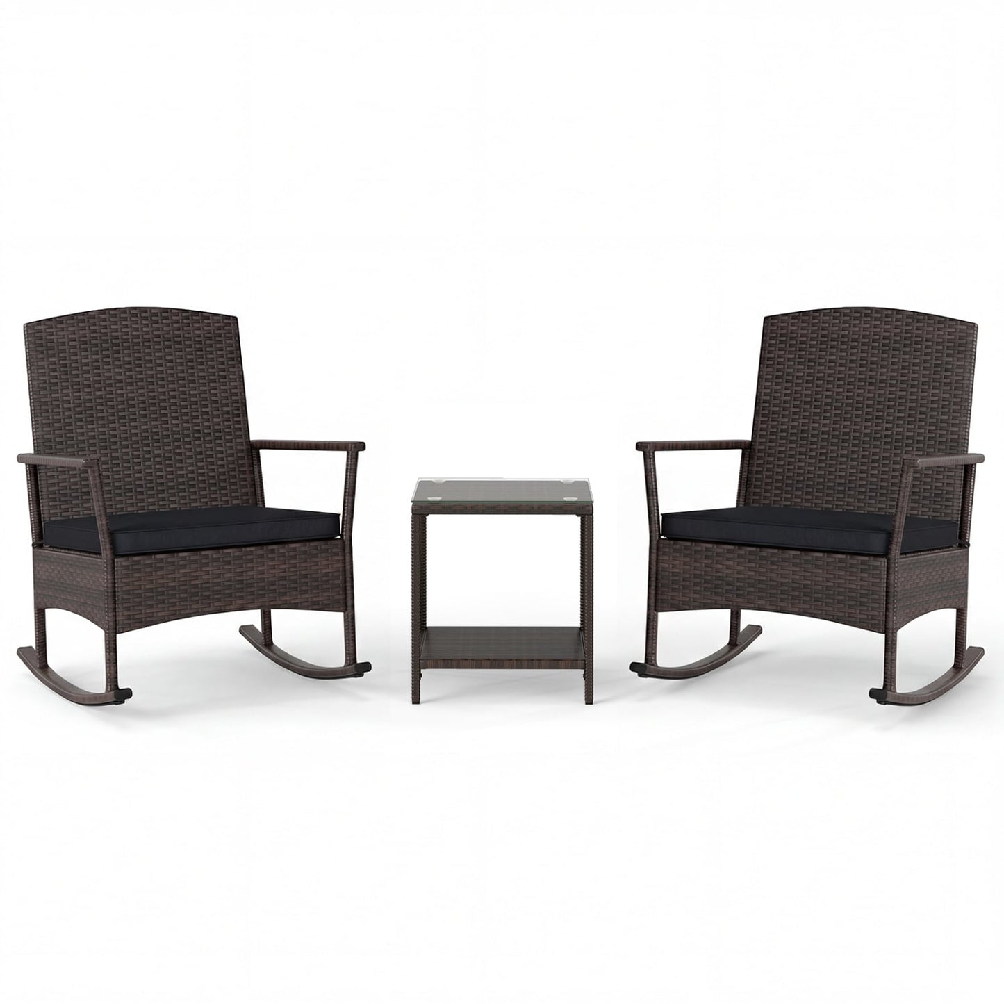 3 Piece Patio Rocking Set, Wicker Rocking Chairs, 2-Tier Coffee Table, Black Patio Conversation Sets at Gallery Canada