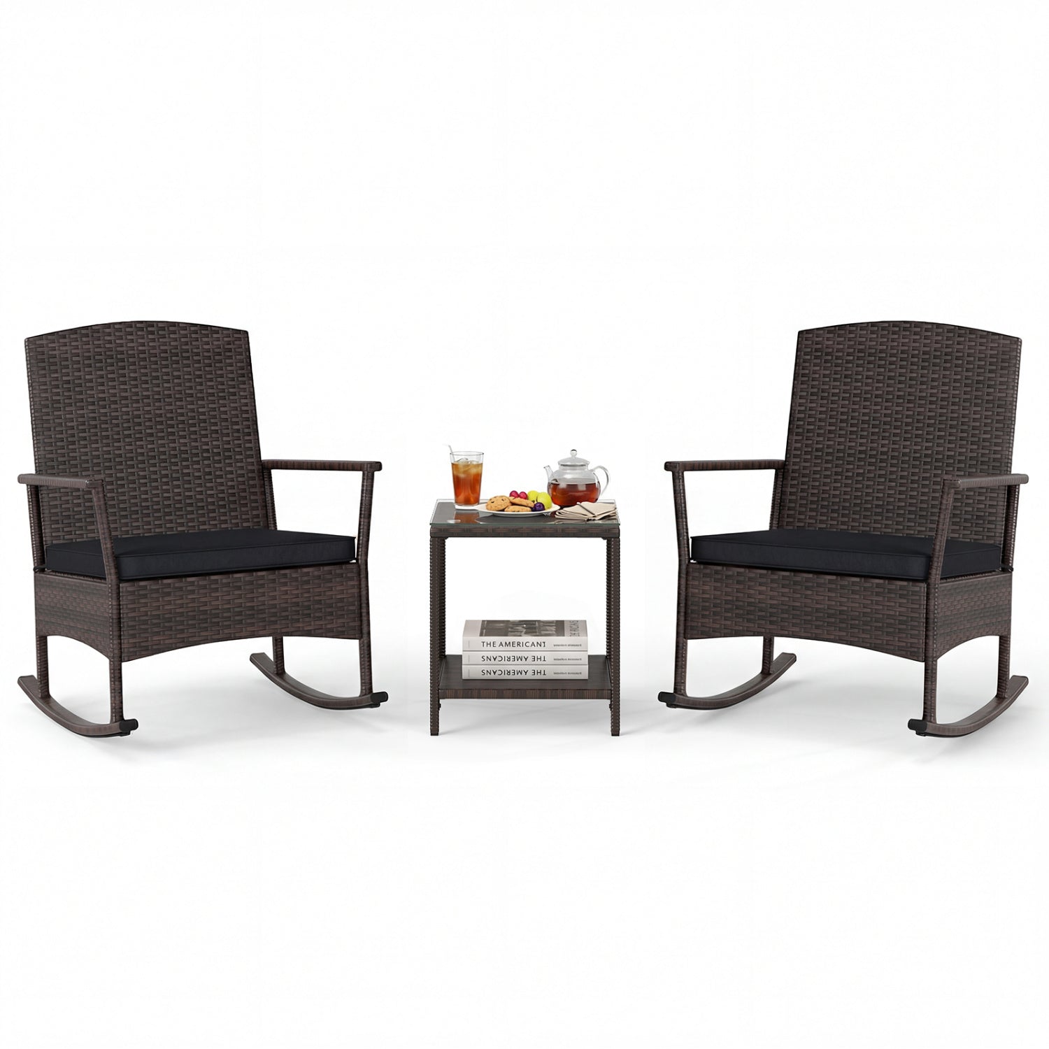 3 Piece Patio Rocking Set, Wicker Rocking Chairs, 2-Tier Coffee Table, Black Patio Conversation Sets at Gallery Canada
