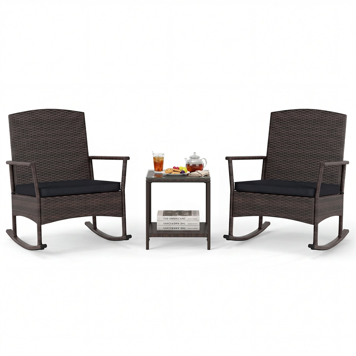 3 Piece Patio Rocking Set, Wicker Rocking Chairs, 2-Tier Coffee Table, Black Patio Conversation Sets at Gallery Canada