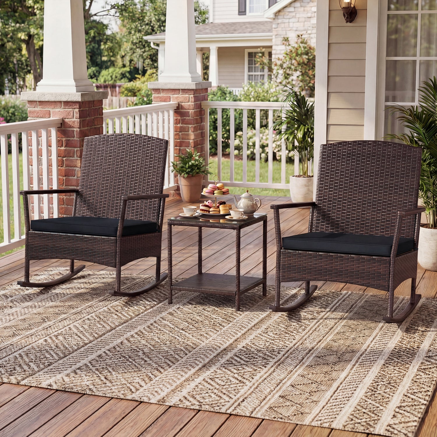 3 Piece Patio Rocking Set, Wicker Rocking Chairs, 2-Tier Coffee Table, Black Patio Conversation Sets at Gallery Canada