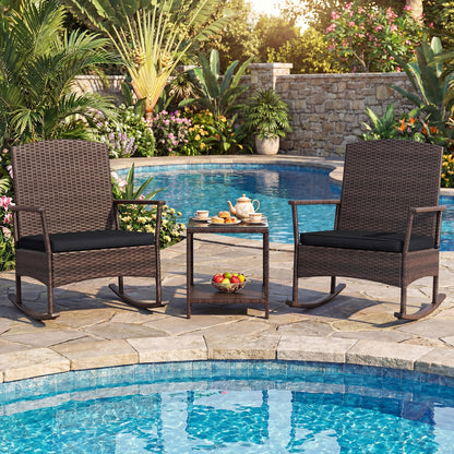 3 Piece Patio Rocking Set, Wicker Rocking Chairs, 2-Tier Coffee Table, Black Patio Conversation Sets at Gallery Canada