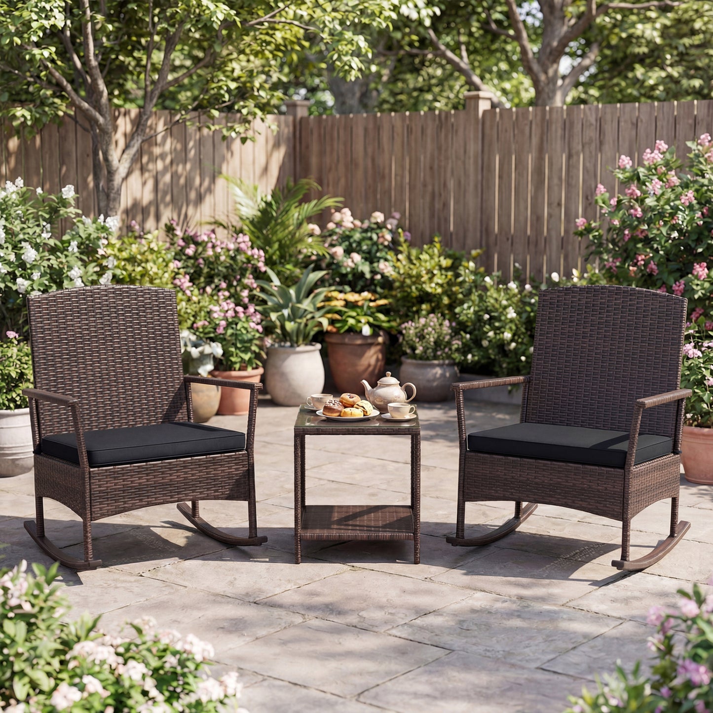 3 Piece Patio Rocking Set, Wicker Rocking Chairs, 2-Tier Coffee Table, Black Patio Conversation Sets at Gallery Canada