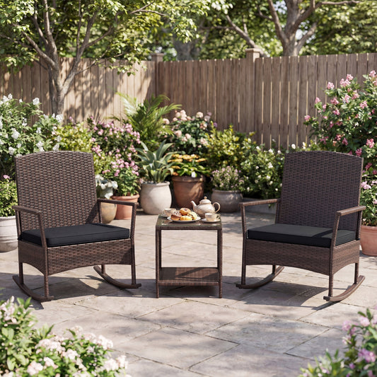 3 Piece Patio Rocking Set, Wicker Rocking Chairs, 2-Tier Coffee Table, Black Patio Conversation Sets Black at Gallery Canada