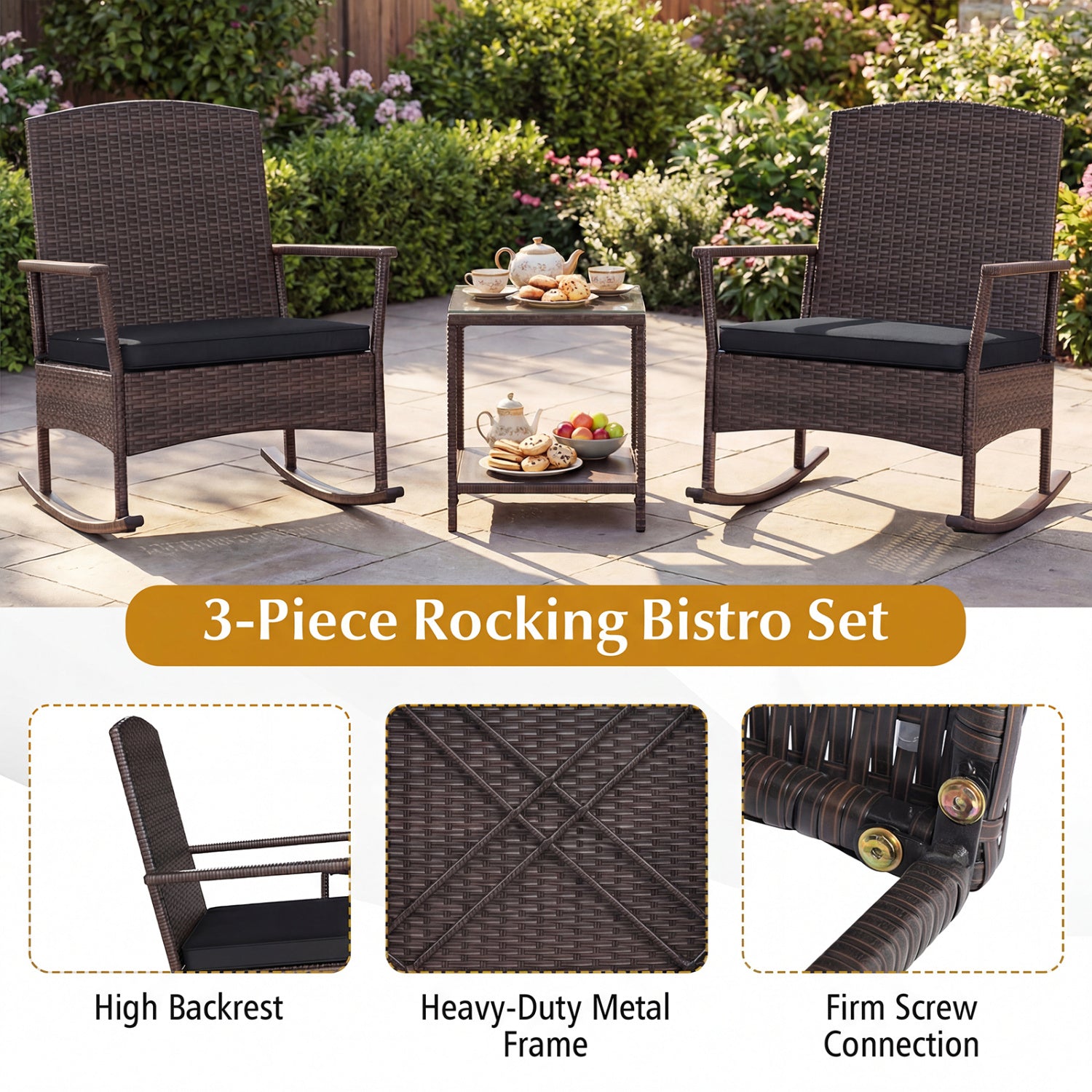 3 Piece Patio Rocking Set, Wicker Rocking Chairs, 2-Tier Coffee Table, Black Patio Conversation Sets at Gallery Canada