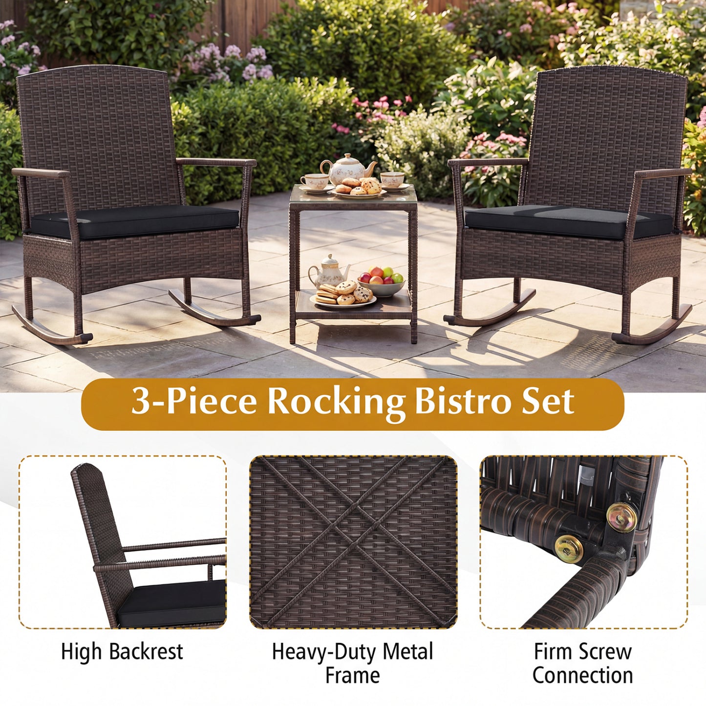 3 Piece Patio Rocking Set, Wicker Rocking Chairs, 2-Tier Coffee Table, Black Patio Conversation Sets at Gallery Canada