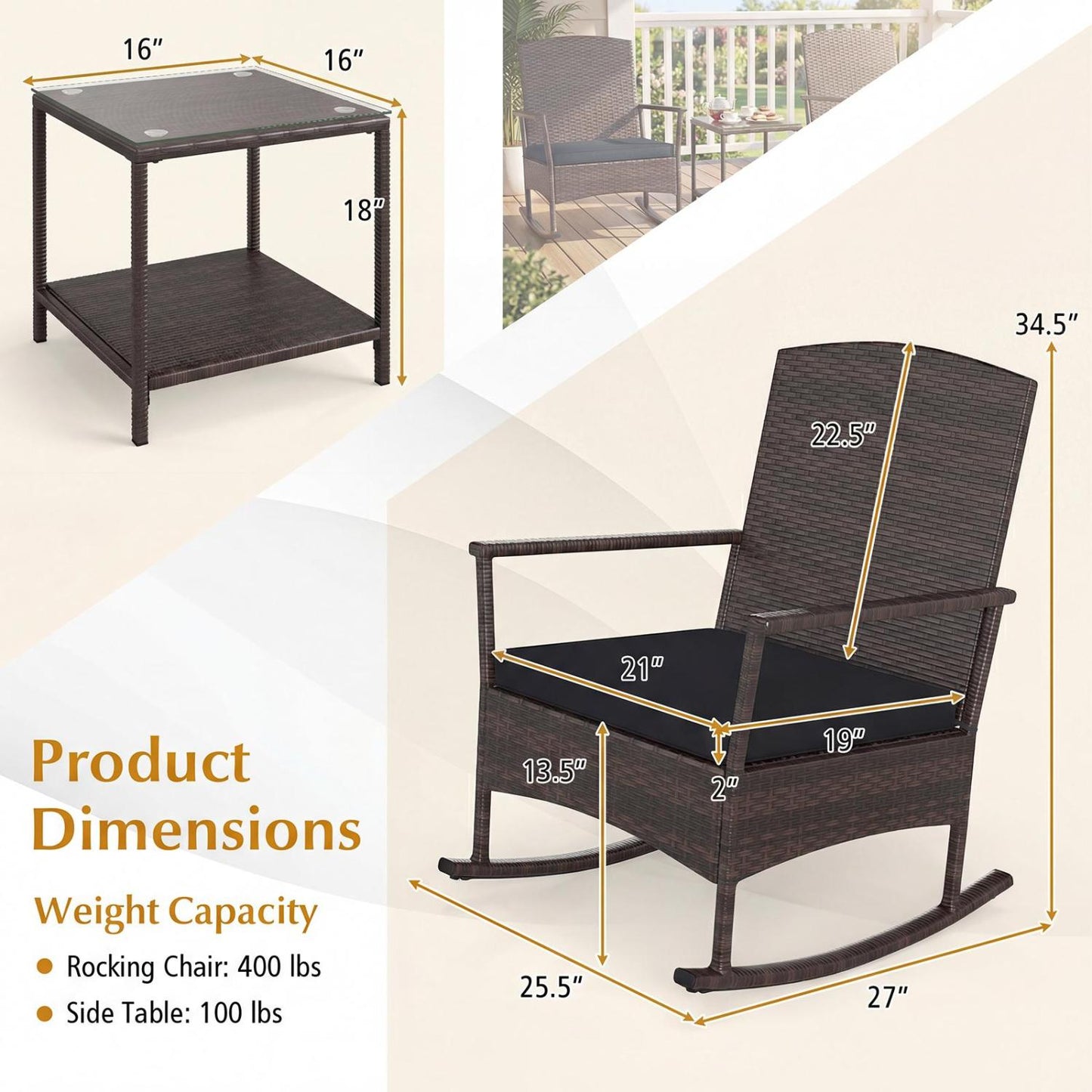 3 Piece Patio Rocking Set, Wicker Rocking Chairs, 2-Tier Coffee Table, Black Patio Conversation Sets at Gallery Canada