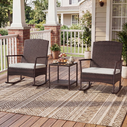 3 Piece Patio Rocking Set, Wicker Chairs, 2-Tier Coffee Table, Off White Patio Conversation Sets at Gallery Canada