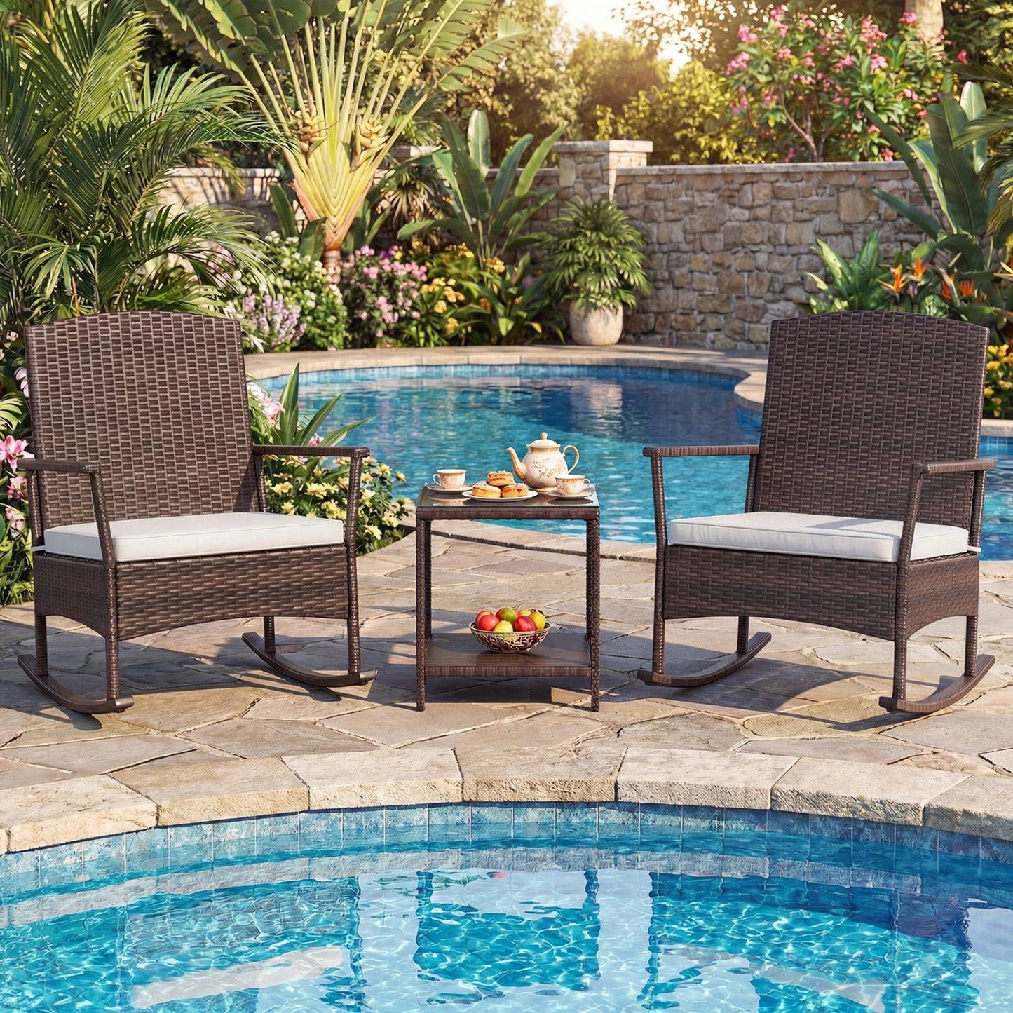 3 Piece Patio Rocking Set, Wicker Chairs, 2-Tier Coffee Table, Off White Patio Conversation Sets at Gallery Canada
