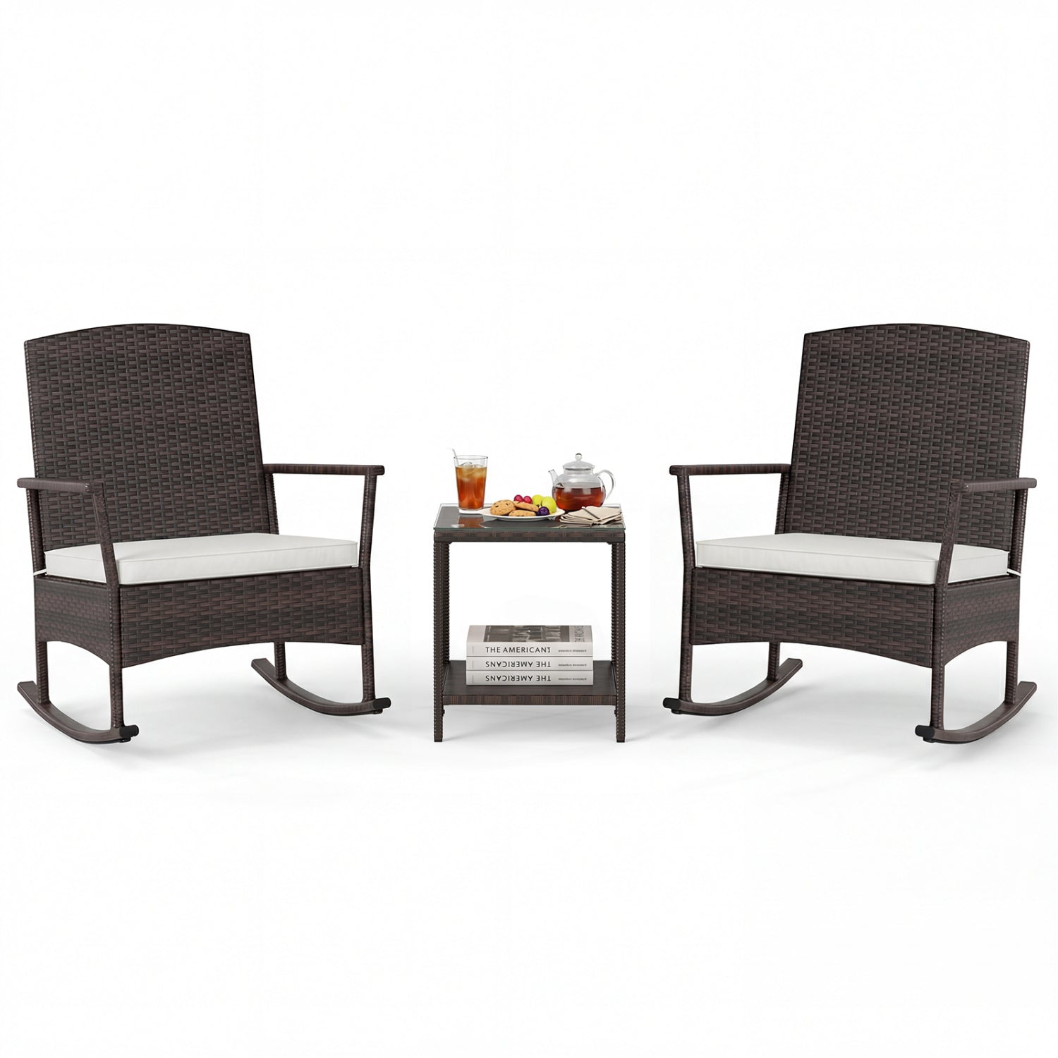 3 Piece Patio Rocking Set, Wicker Chairs, 2-Tier Coffee Table, Off White Patio Conversation Sets at Gallery Canada