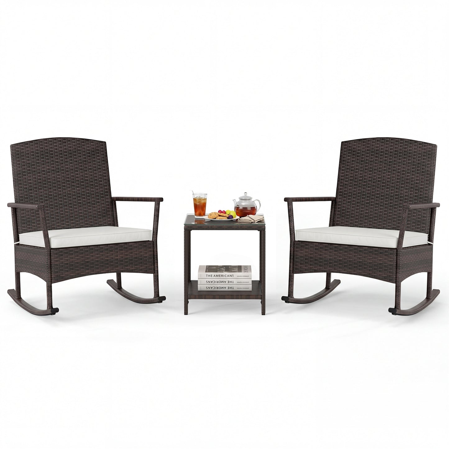 3 Piece Patio Rocking Set, Wicker Chairs, 2-Tier Coffee Table, Off White Patio Conversation Sets at Gallery Canada