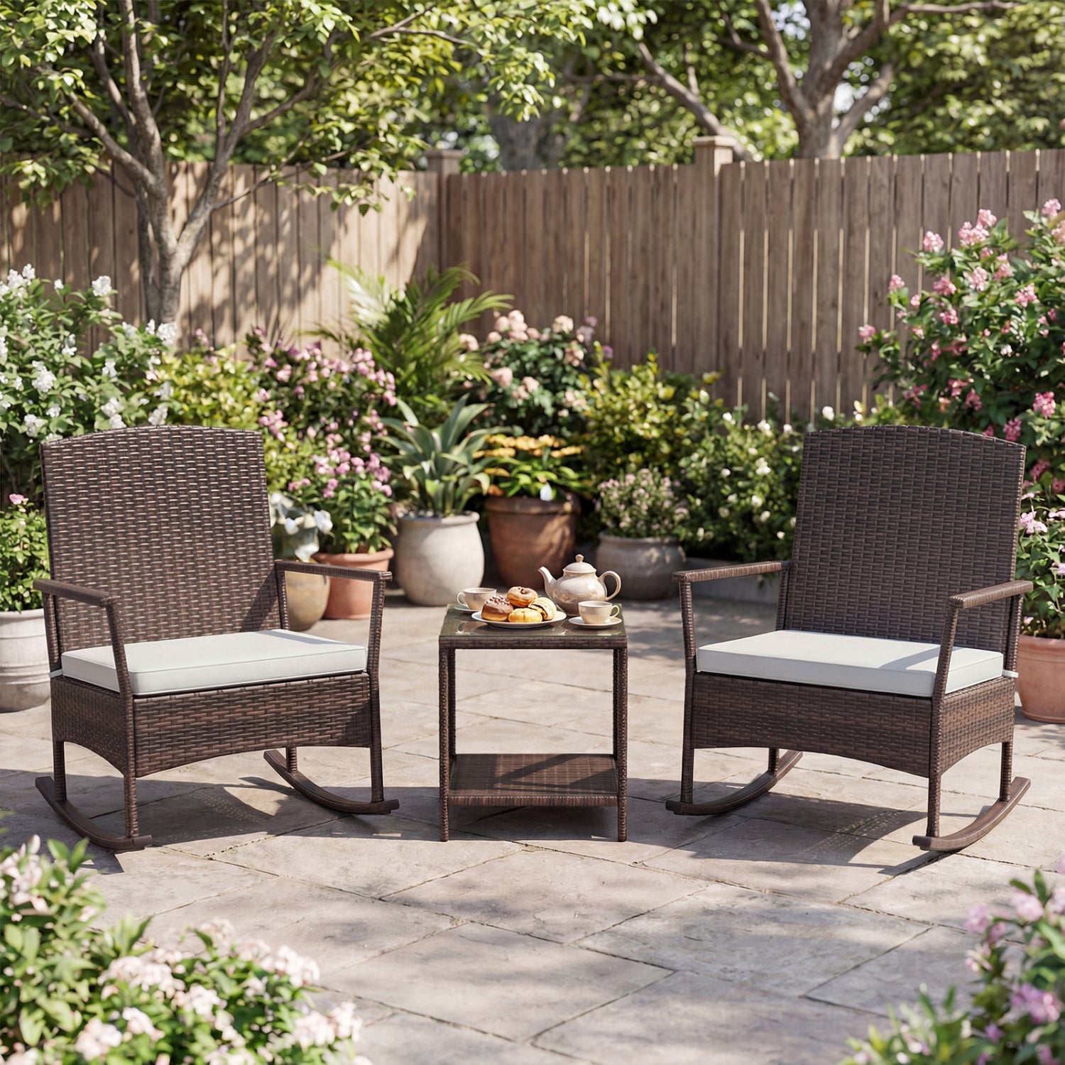 3 Piece Patio Rocking Set, Wicker Chairs, 2-Tier Coffee Table, Off White Patio Conversation Sets at Gallery Canada