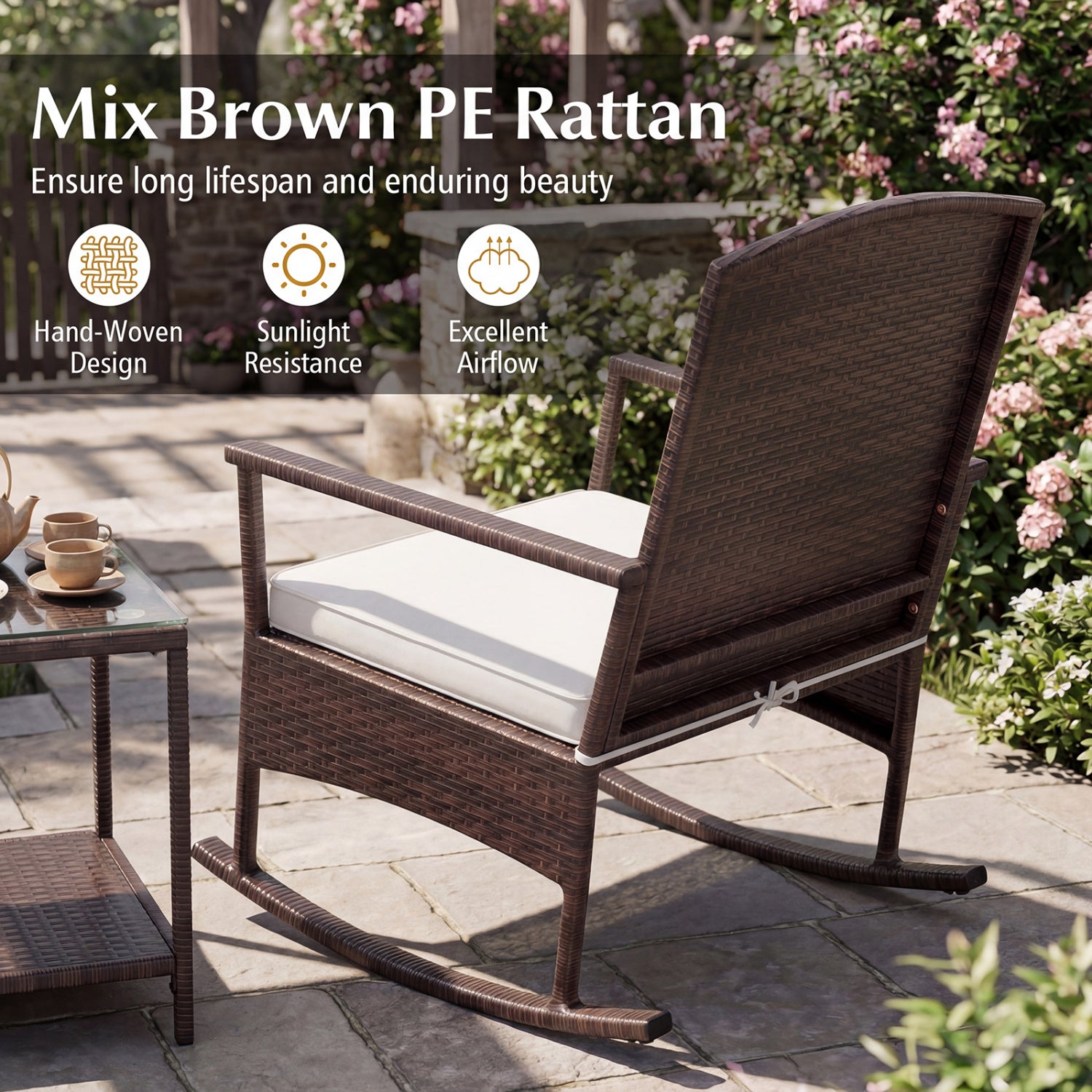 3 Piece Patio Rocking Set, Wicker Chairs, 2-Tier Coffee Table, Off White Patio Conversation Sets at Gallery Canada