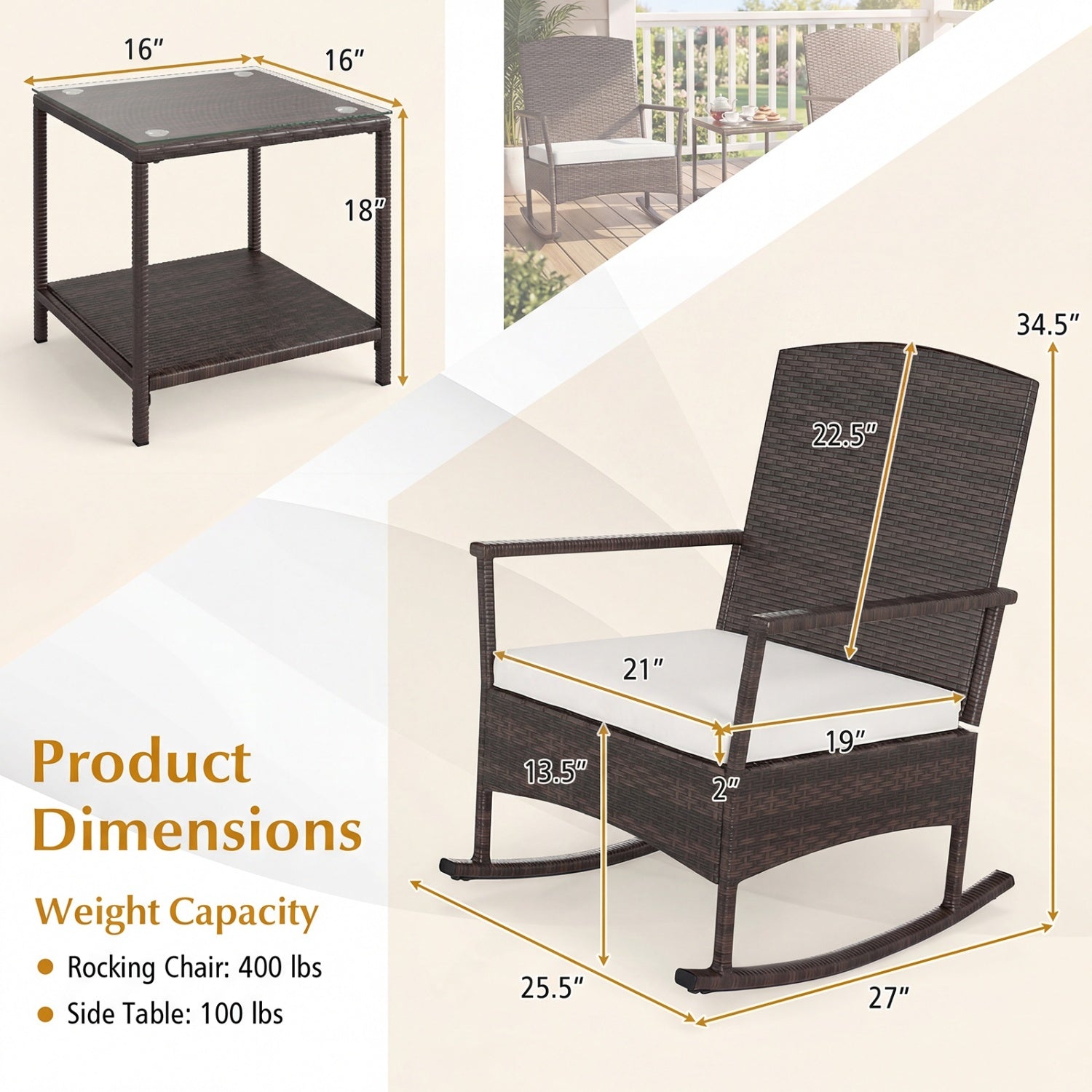 3 Piece Patio Rocking Set, Wicker Chairs, 2-Tier Coffee Table, Off White Patio Conversation Sets at Gallery Canada