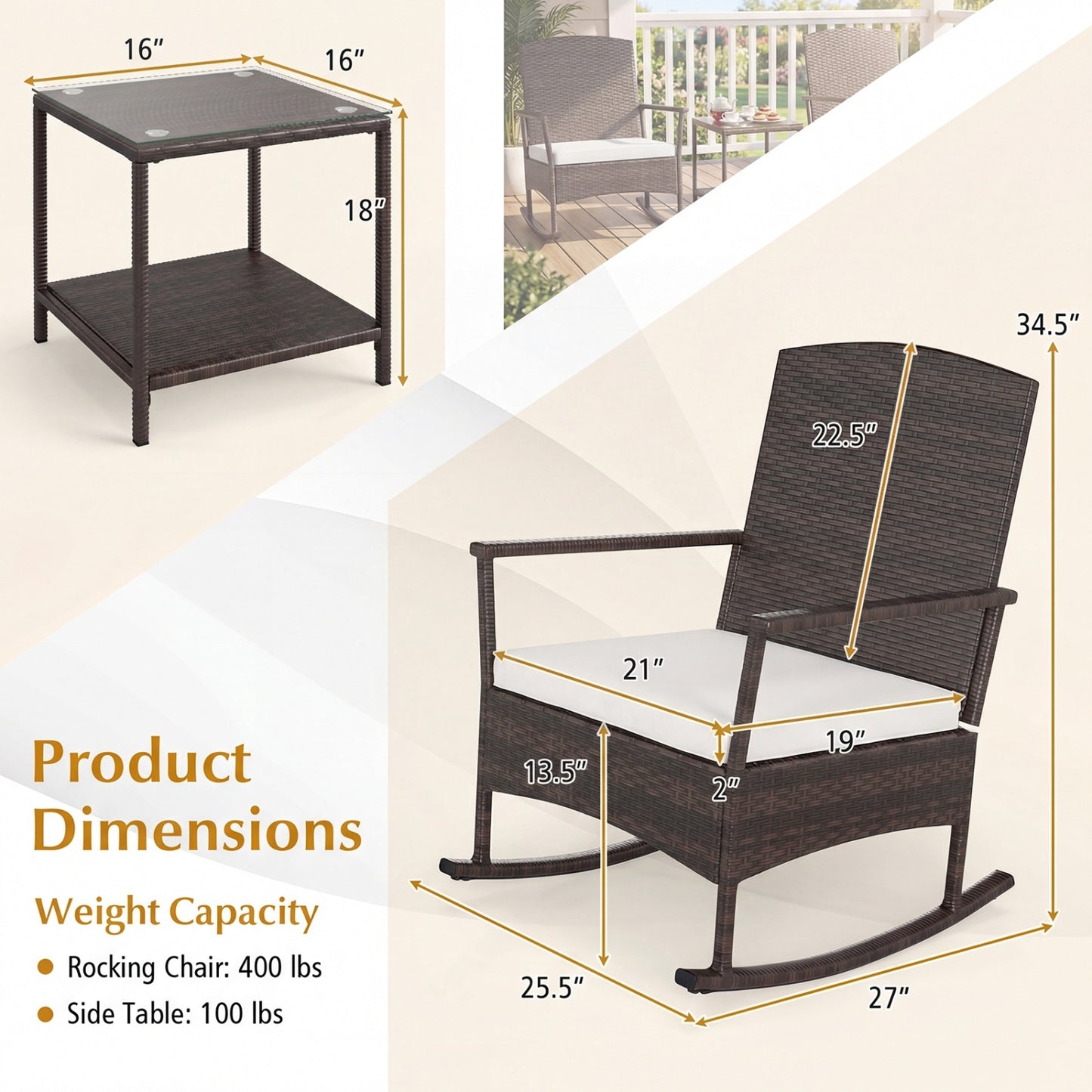 3 Piece Patio Rocking Set, Wicker Chairs, 2-Tier Coffee Table, Off White Patio Conversation Sets at Gallery Canada