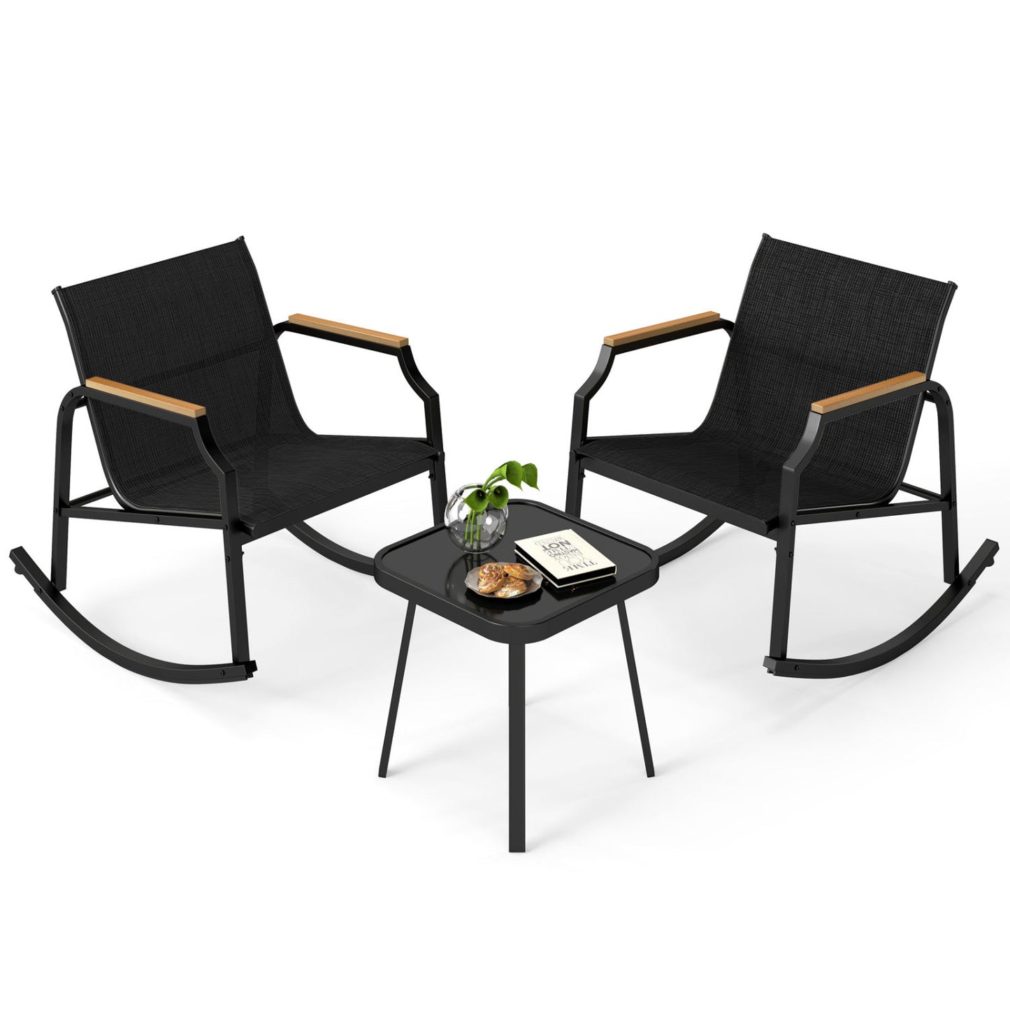 Ensemble de bistrot à bascule pour patio de 3 pièces avec table en verre, noir