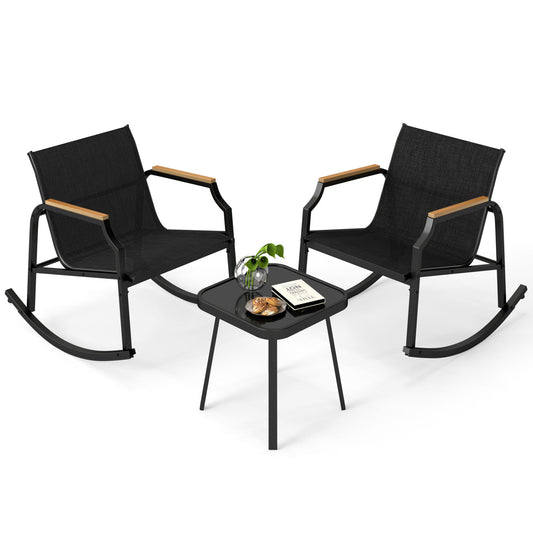 3-Piece Patio Rocking Bistro Set with Glass Table, Black Patio Conversation Sets Black at Gallery Canada