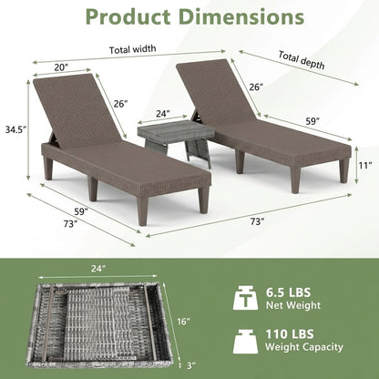3-Piece Patio Set, 2 Adjustable Lounger Chairs, Rattan Side Table Outdoor Chaise Lounges at Gallery Canada