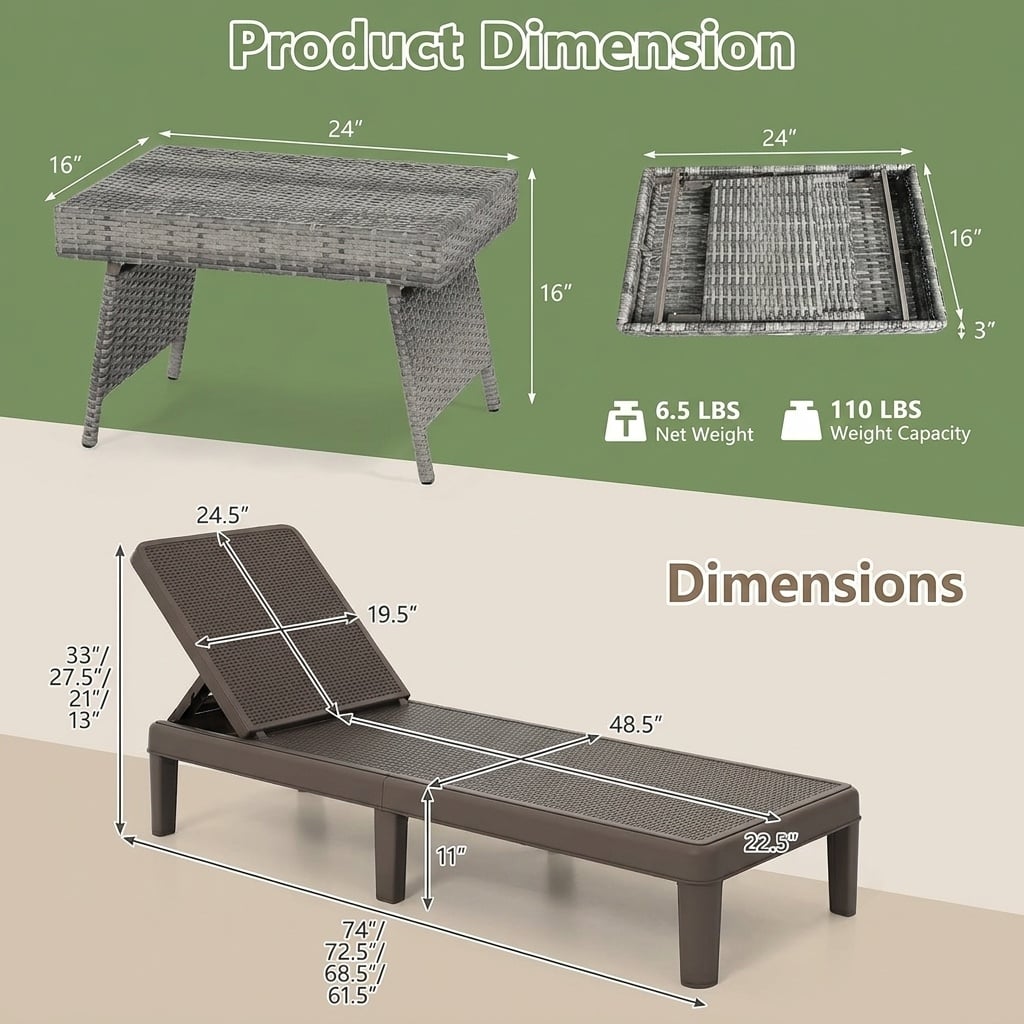 3-Piece Patio Set, 2 Adjustable Lounger Chairs, Rattan Side Table Outdoor Chaise Lounges at Gallery Canada