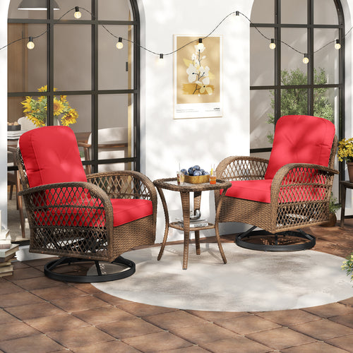 3 Piece Patio Swivel Rocker Set, Tempered Glass Side Table, Thick Cushions, Red