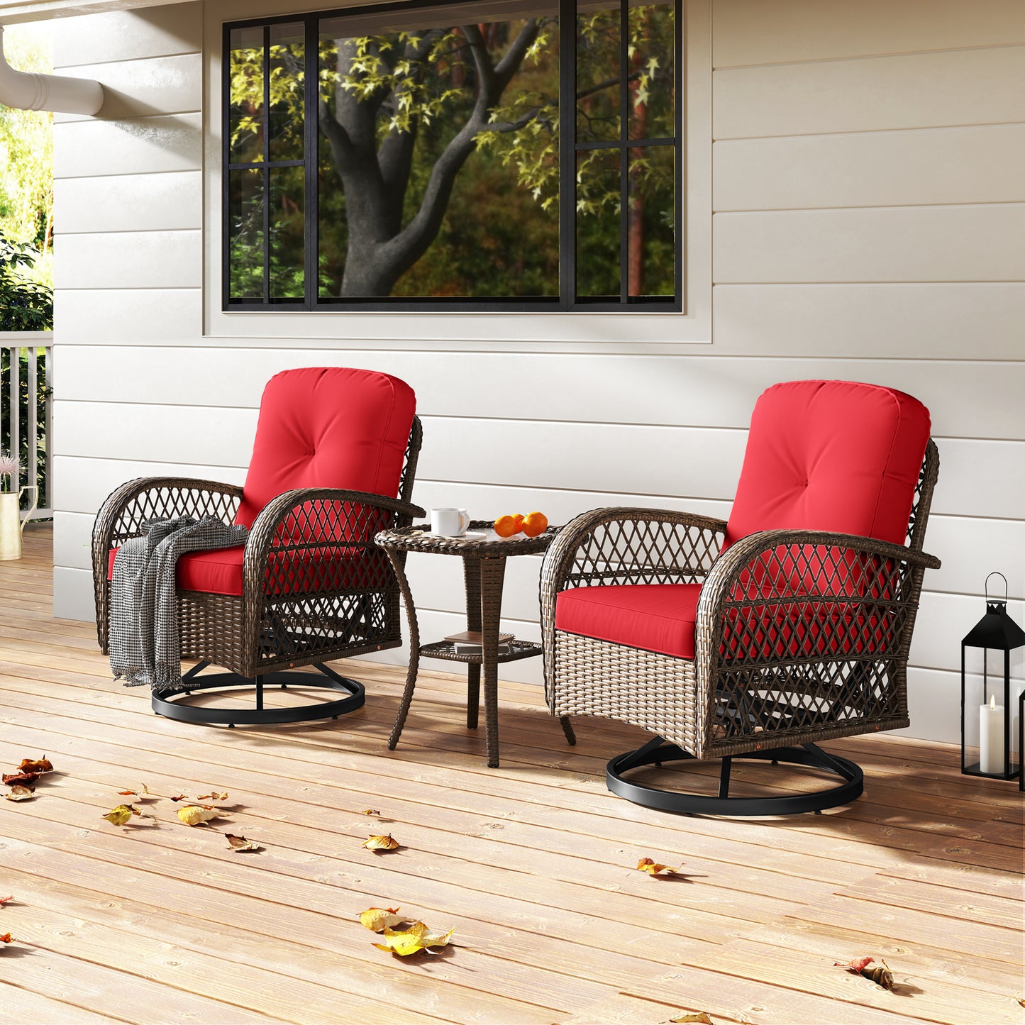 3 Piece Patio Swivel Rocker Set, Tempered Glass Side Table, Thick Cushions, Red Patio Rocking Chairs & Gliders at Gallery Canada
