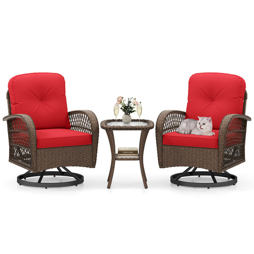3 Piece Patio Swivel Rocker Set, Tempered Glass Side Table, Thick Cushions, Red