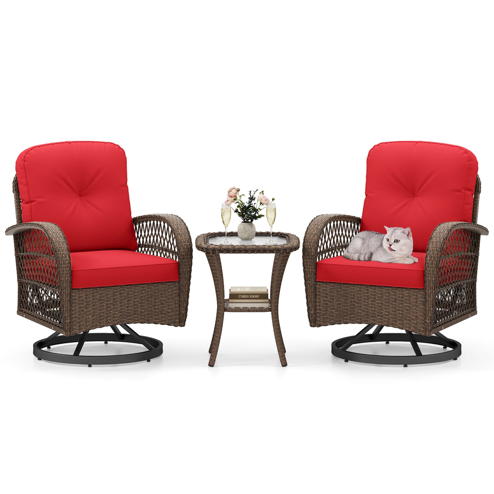 3 Piece Patio Swivel Rocker Set, Tempered Glass Side Table, Thick Cushions, Red Patio Rocking Chairs & Gliders Red at Gallery Canada