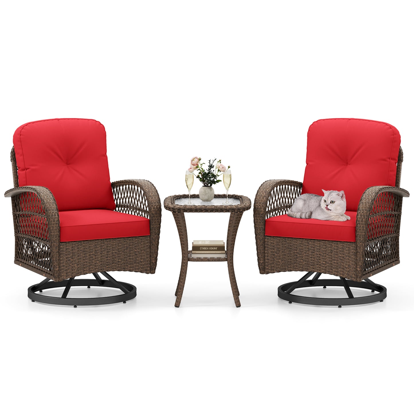 3 Piece Patio Swivel Rocker Set, Tempered Glass Side Table, Thick Cushions, Red Patio Rocking Chairs & Gliders Red at Gallery Canada