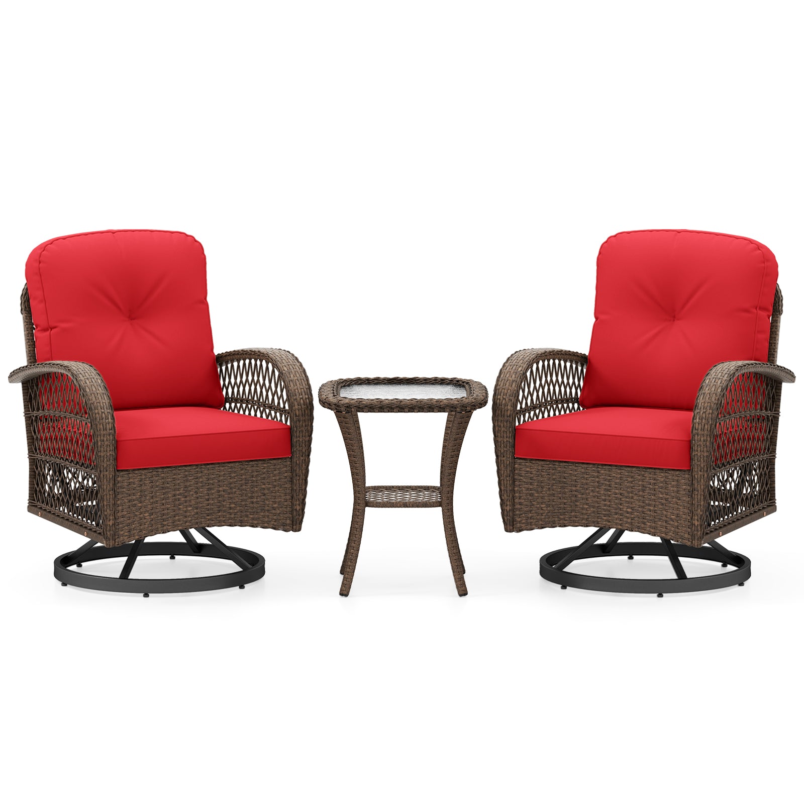 3 Piece Patio Swivel Rocker Set, Tempered Glass Side Table, Thick Cushions, Red Patio Rocking Chairs & Gliders at Gallery Canada
