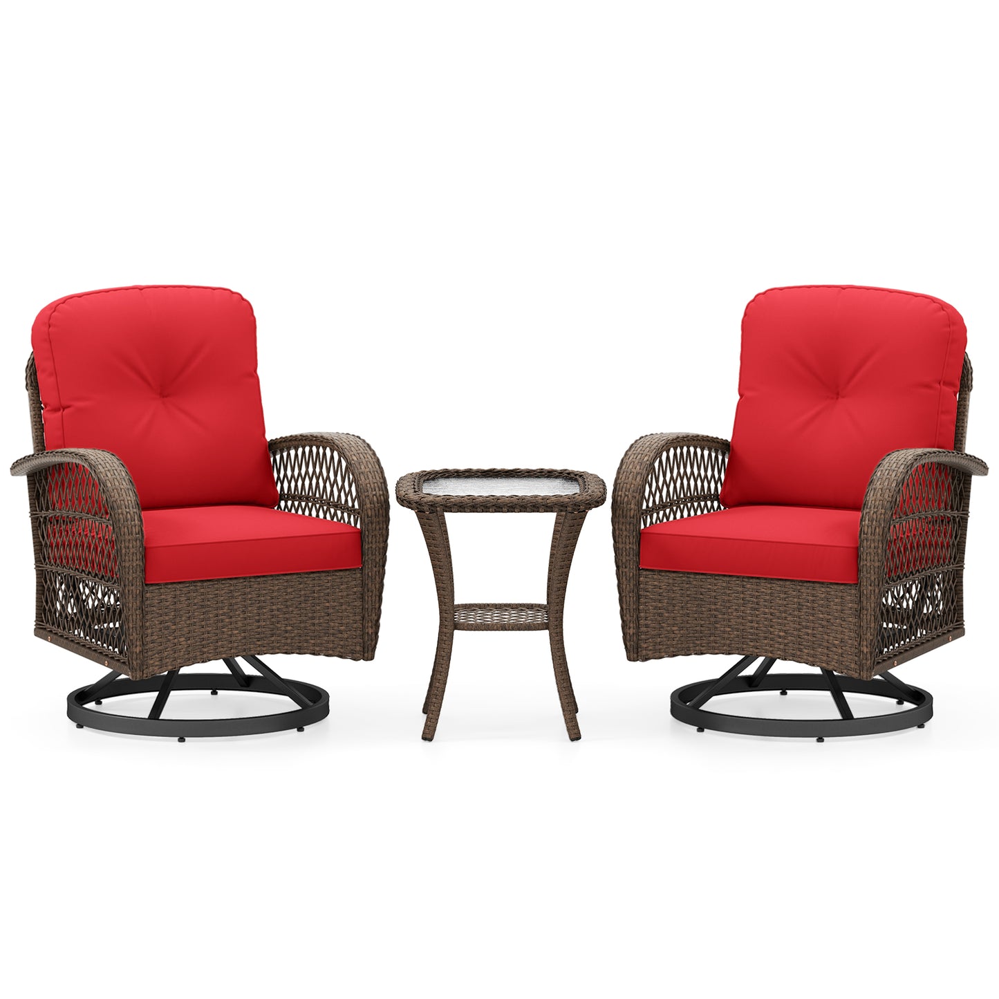 3 Piece Patio Swivel Rocker Set, Tempered Glass Side Table, Thick Cushions, Red Patio Rocking Chairs & Gliders at Gallery Canada