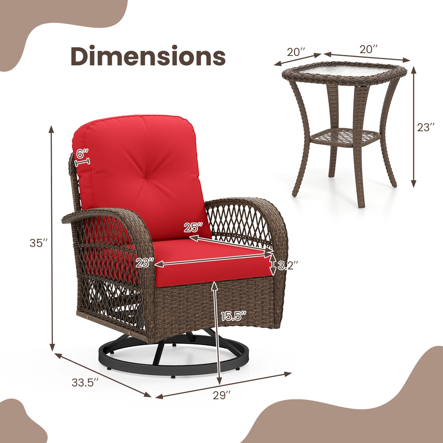 3 Piece Patio Swivel Rocker Set, Tempered Glass Side Table, Thick Cushions, Red Patio Rocking Chairs & Gliders at Gallery Canada