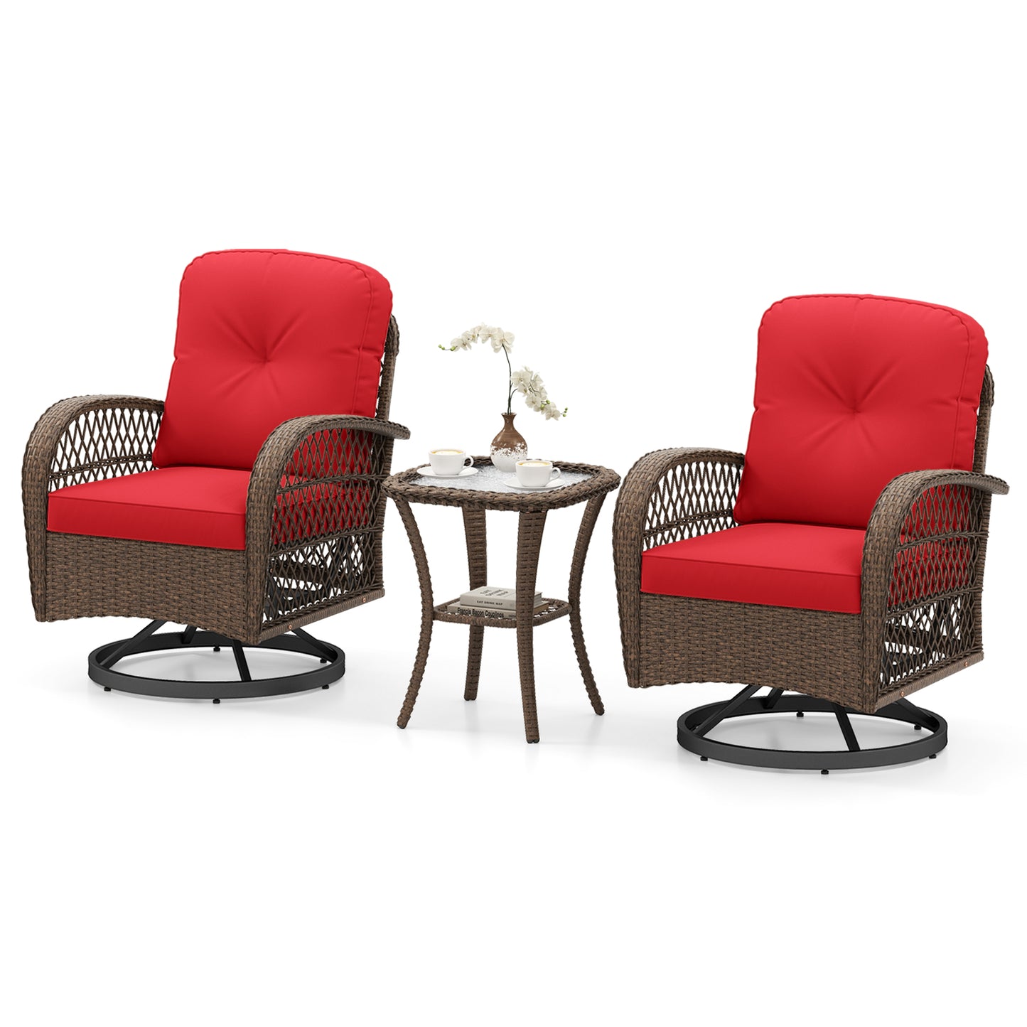 3 Piece Patio Swivel Rocker Set, Tempered Glass Side Table, Thick Cushions, Red Patio Rocking Chairs & Gliders at Gallery Canada