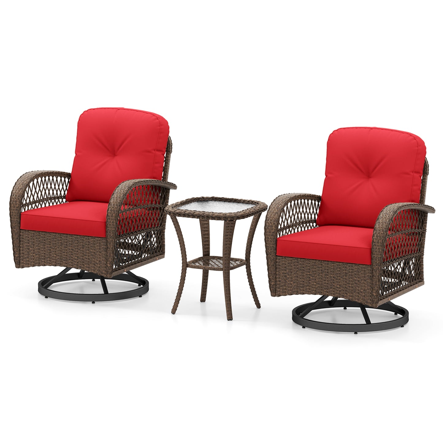 3 Piece Patio Swivel Rocker Set, Tempered Glass Side Table, Thick Cushions, Red Patio Rocking Chairs & Gliders at Gallery Canada