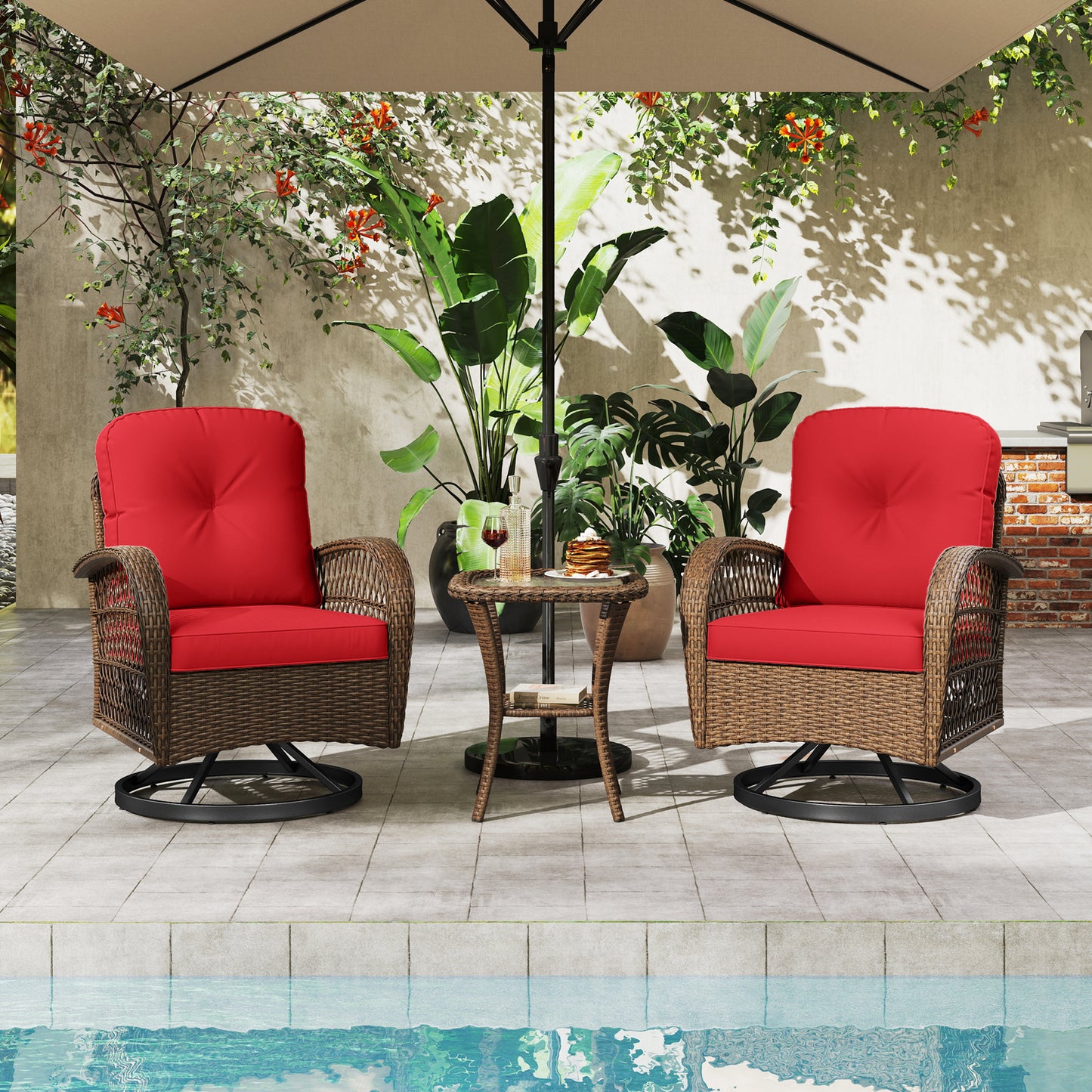 3 Piece Patio Swivel Rocker Set, Tempered Glass Side Table, Thick Cushions, Red Patio Rocking Chairs & Gliders at Gallery Canada