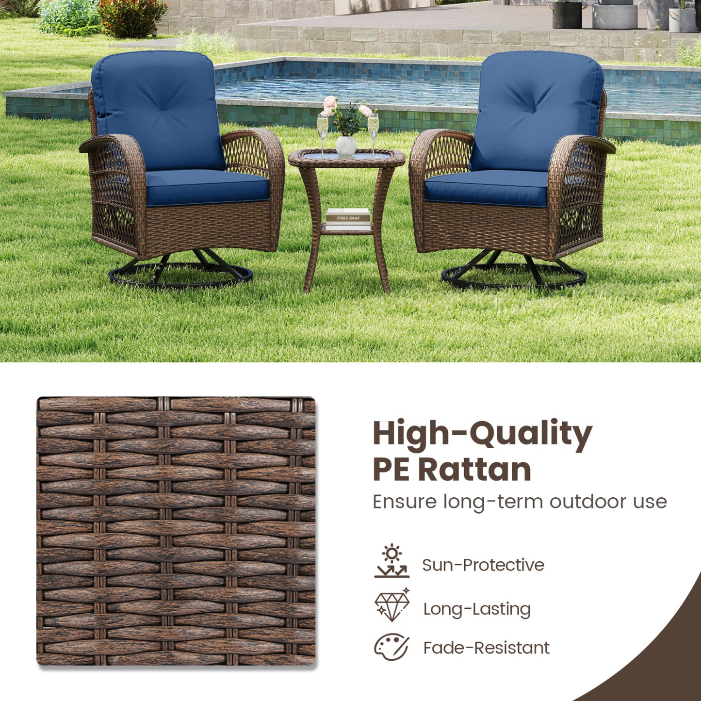 3-Piece Patio Swivel Rocker Set, Navy Patio Rocking Chairs & Gliders at Gallery Canada