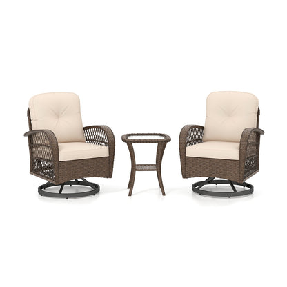 3 Piece Patio Swivel Rocker Set, Tempered Glass Table, Thick Cushions, Brown