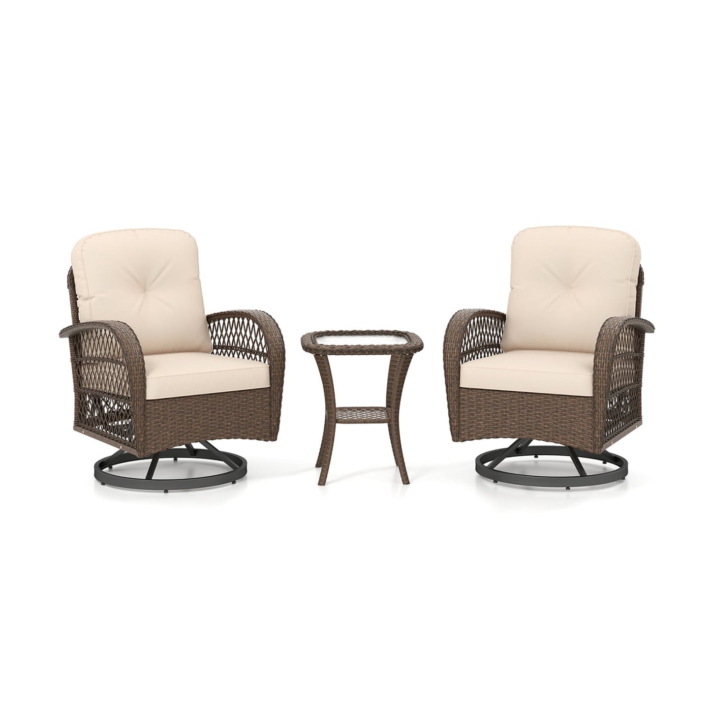 3 Piece Patio Swivel Rocker Set, Tempered Glass Table, Thick Cushions, Brown