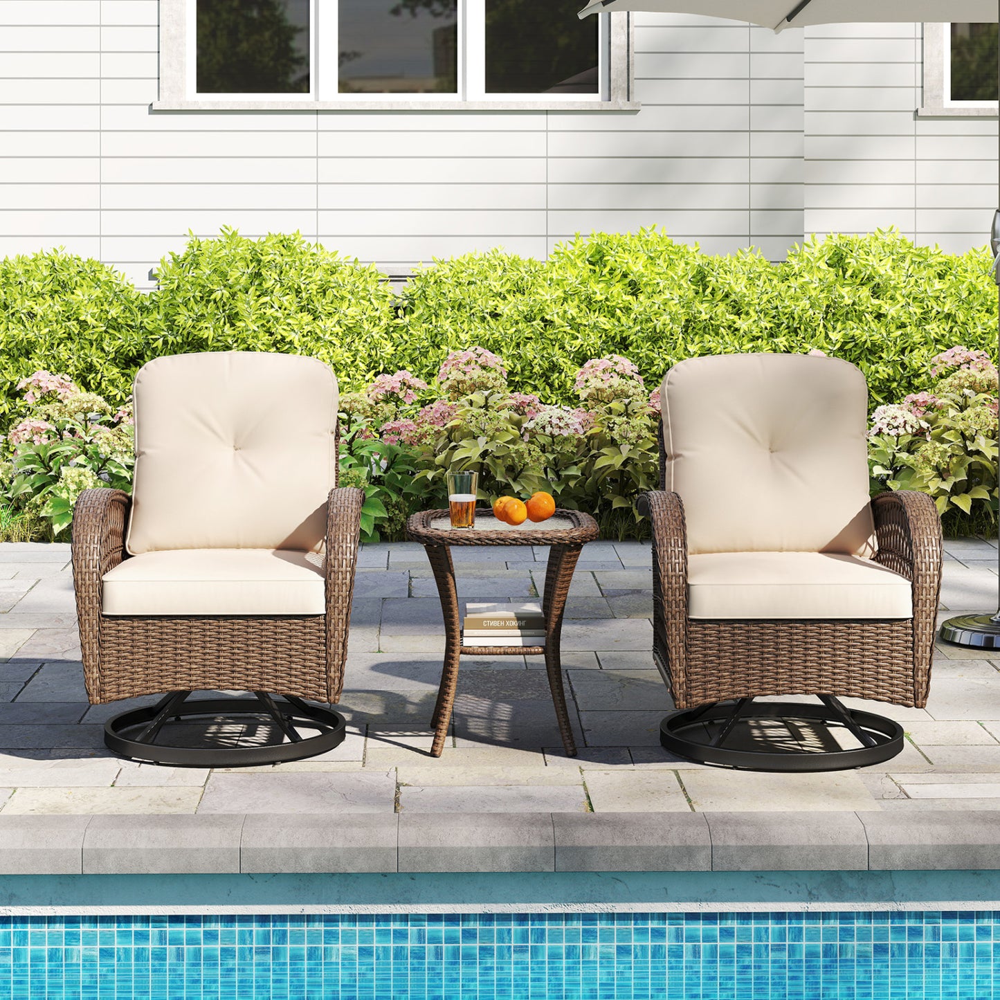 3 Piece Patio Swivel Rocker Set, Tempered Glass Table, Thick Cushions, Brown