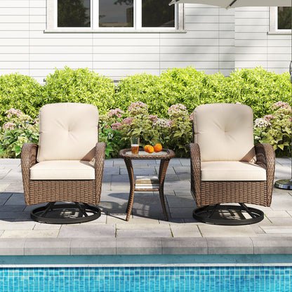 3 Piece Patio Swivel Rocker Set, Tempered Glass Table, Thick Cushions, Brown